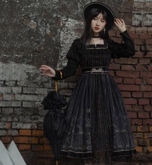 星座柄 ワンピース ロング フレア ゴシック チュール レース ウエストマーク スクエアネック ふんわり かわいい エレガント きれいめ 上品 ワンサイズ 長袖 チェック レイヤード風 ロリータゴスロリ専門通販ショップluxury ラグジュアリー 安い価格で可愛いロリータ
