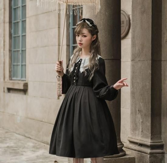 ワンピース 2色 春秋 長袖 レース ミディアム ひざ丈 リボン クラシカル クラロリ 姫ロリ お嬢様 かわいい 上品 お呼ばれ フォーマル ブラック グリーン 大きいサイズ おでかけ デート 撮影 ロリータゴスロリ専門通販ショップluxury ラグジュアリー 安い価格で可愛い
