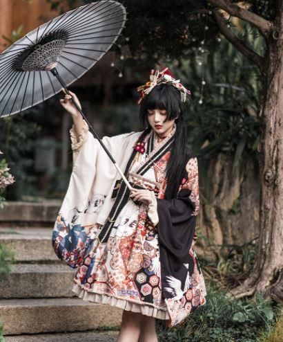 ジャンスカ 3色 Jsk ドレス 鶴 通年 和ロリ 和風 和柄 バイカラー プリント 大正ロマン おしゃれ レトロ モダン 雑貨 小物 ショート丈 ミニ丈 フレア フリル リボン 着物 ロリィタ ゴスロリ 和ロリ 華ロリ専門通販ショップluxury ラグジュアリー 安い価格で可愛い