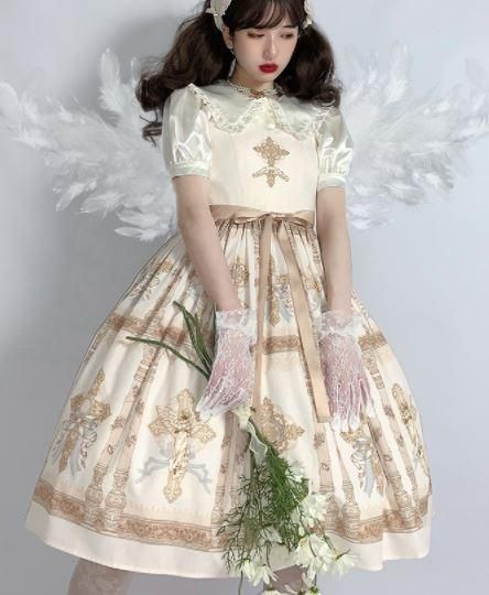 十字架 デザイン ジャンスカ 2色 通年 ゴシック プリント クロス ミディアム ひざ丈 フレア ドレス おしゃれ エレガント きれいめ 上品 フェミニン 大きいサイズ ワンサイズ ロリータゴスロリ専門通販ショップluxury ラグジュアリー 安い価格で可愛いロリータワンピース