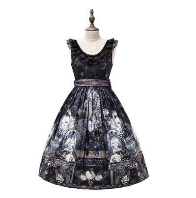 ゴシック アリス ジャンパースカート 2色 通年 春夏 春秋 ゴシック ミディアム ノースリーブ 姫ロリ プリント イラスト フリル リボン ドレス Aライン フレア かわいい おしゃれ ロリータゴスロリ専門通販ショップluxury ラグジュアリー 安い価格で可愛いロリータ