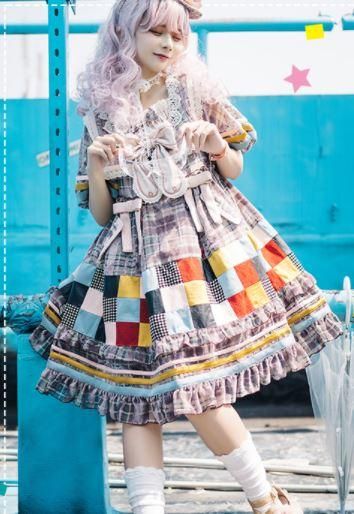 パッチワーク ワンピース 3色 切り替え 半袖 春夏 カラフル リボン チェック フリル ミディアム ひざ丈 ハイウエスト メイド風 メイド ドール風 ラブリー カジュアル かわいい フレア ロリータゴスロリ専門通販ショップluxury ラグジュアリー 安い価格で可愛いロリータ
