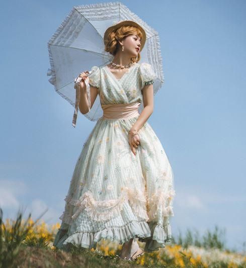 フラワー ビーズ刺繍 ワンピース 2色 春夏 半袖 甘ロリ 姫ロリ 森ガール パフスリーブ チェック カシュクール ロング マキシ フラワー 花柄 フレア ドレス フリル ふんわり 大きいサイズ ロリータゴスロリ専門通販ショップluxury ラグジュアリー 安い価格で可愛い