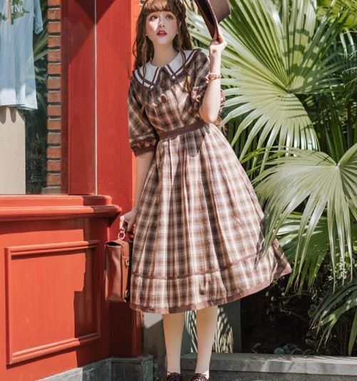 ワンピース 3色 Bittersweet Lolita ミディアム丈 ひざ下丈 チェック ガーリー 甘ロリ お嬢様 かわいい きれいめ 上品 デート おでかけ 半袖 フレア ドレス エレガント 姫ロリ ロリィタ ゴスロリ 和ロリ 華ロリ専門通販ショップluxury ラグジュアリー 安い価格で可愛い