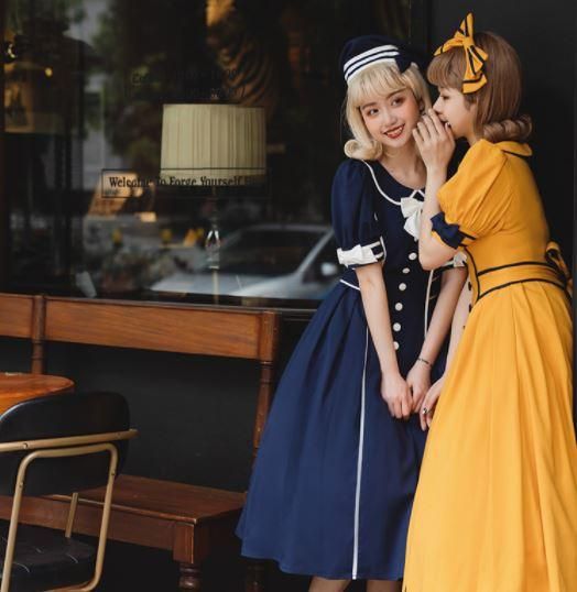 ロング セーラーワンピース 3色 Bittersweet Lolita 甘ロリ かわいい ドール ミモレ丈 フレア 半袖 パフスリーブ リボン ボタン バイカラー ライン 上品 お呼ばれ レディラ ロリータゴスロリ和ロリ専門通販ショップluxury ラグジュアリー 安い価格で可愛いこだわりの