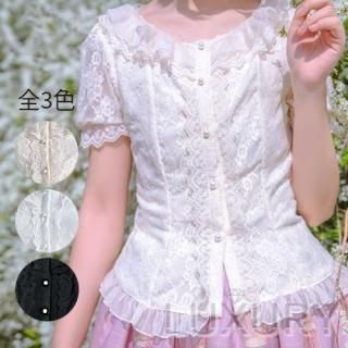 納期40日 レースブラウス 3色 miss point 半袖 パフスリーブ 姫袖 フリル かわいい トップス 着回し クラシカル クラロリ 姫ロリ ドール メイド メイド風 大きいサイズ サイズ豊富