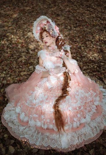 ジャンスカ 春夏 | ピンク レースアップ フラワーモチーフ - ロリィタ