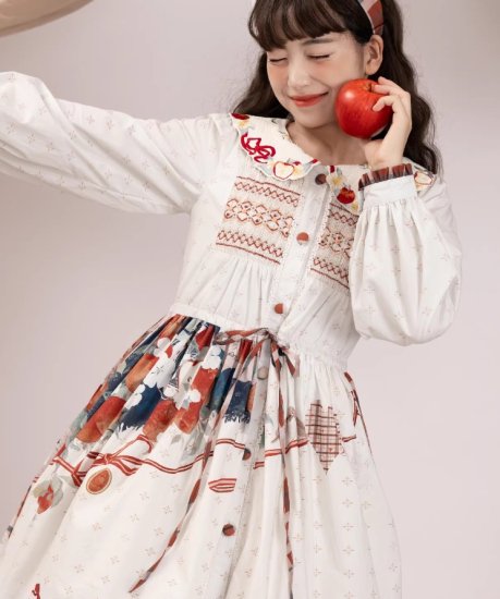 りんごワンピース 2色 Lo－cyan lolita JSK プリント ホワイト ブルー