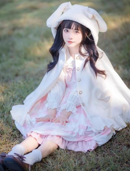 甘ロリ ロリータ　日本製古着　 BABY ポンポンリボン　うさ耳フード　ケープ a020068-1.jpg
