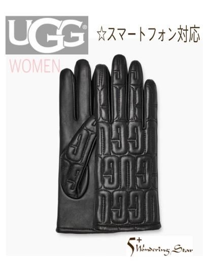 UGG】LEATHER QUILTED LOGO GLOVE(WOMEN)【BLACK】