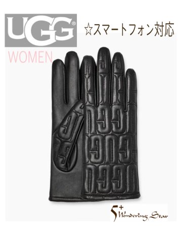 【UGG】LEATHER QUILTED LOGO GLOVE(WOMEN)【BLACK】