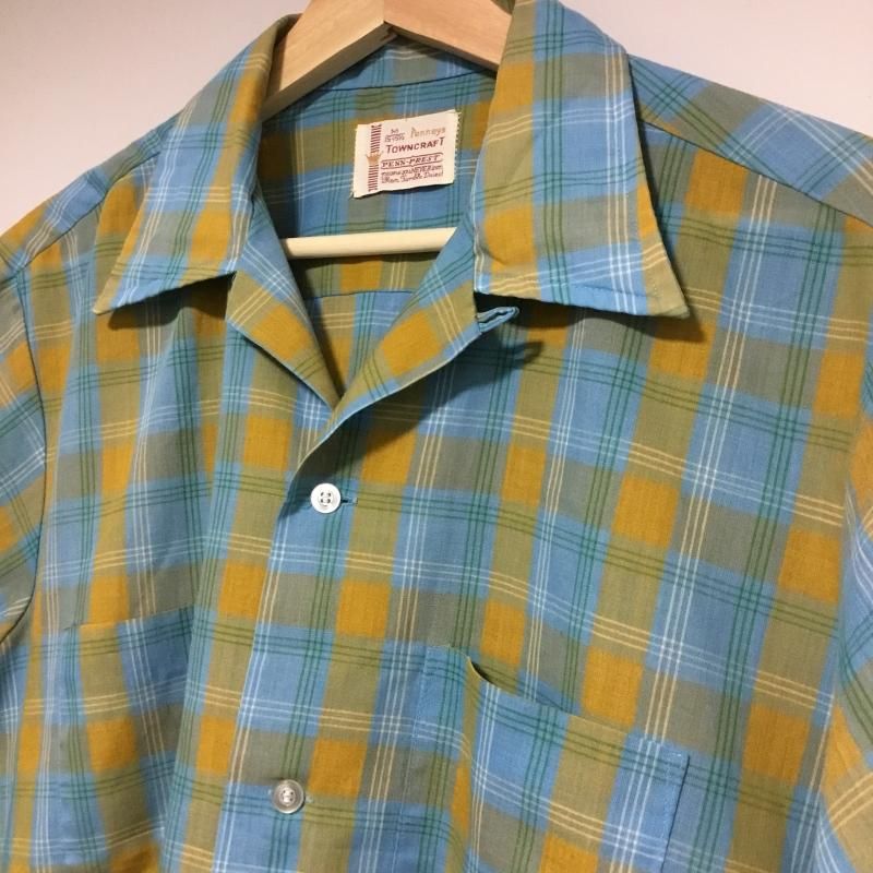 60s Penny's TOWNCRAFT S/S オープンカラーシャツ チェック カラシ水色