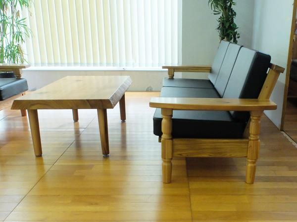 世界遺産 屋久杉一枚板 ソファ 3P 総無垢 レザーBK 国産高級伝統工芸