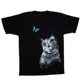 和柄半袖Tシャツ「猫と蝶々」