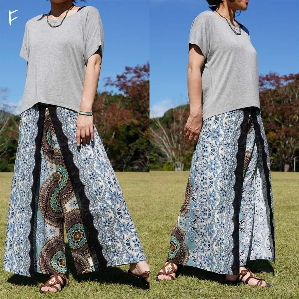 最大の割引 紐付きワイドラップパンツ エスニック総柄 濃淡のあるエンジ系 パンツ