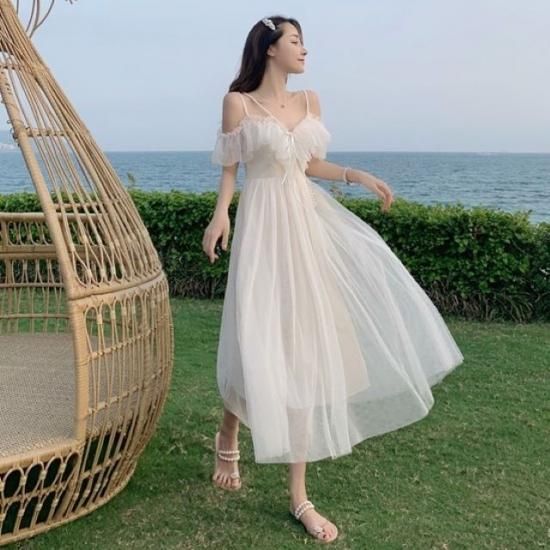 ドレス ワンピース パーティードレス 結婚式 レディース 大きいサイズ ロング丈 チュール キャミワンピ ハイウエスト リゾート 透け感 大人可愛い アイボリー - 結婚式や二次会にオススメのドレス専門店 ange collection