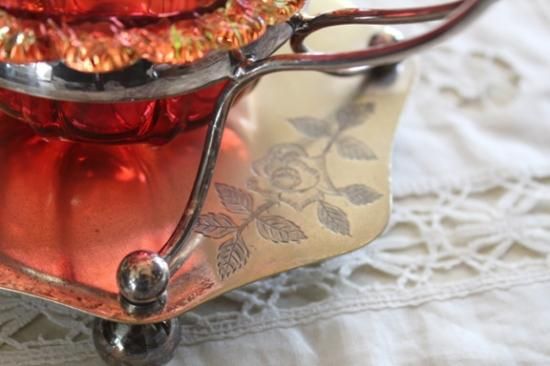 クランベリーガラス　ジャムディッシュ　アンティーク クランベリーガラス ジャムディッシュ シルバーフレーム付 イギリス