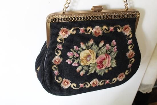 アンティーク お花のプチポワン 大きめ手提げバッグ