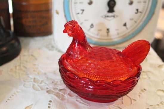 ヴィンテージ アメリカガラス ニワトリの入れ物 ウランガラス