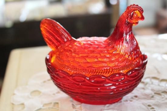 ヴィンテージ アメリカガラス ニワトリの入れ物 ウランガラス