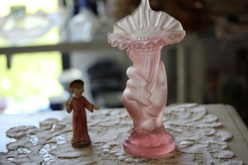 アンティーク アールデコ ハンドモチーフ ピンクガラス フラワーベース