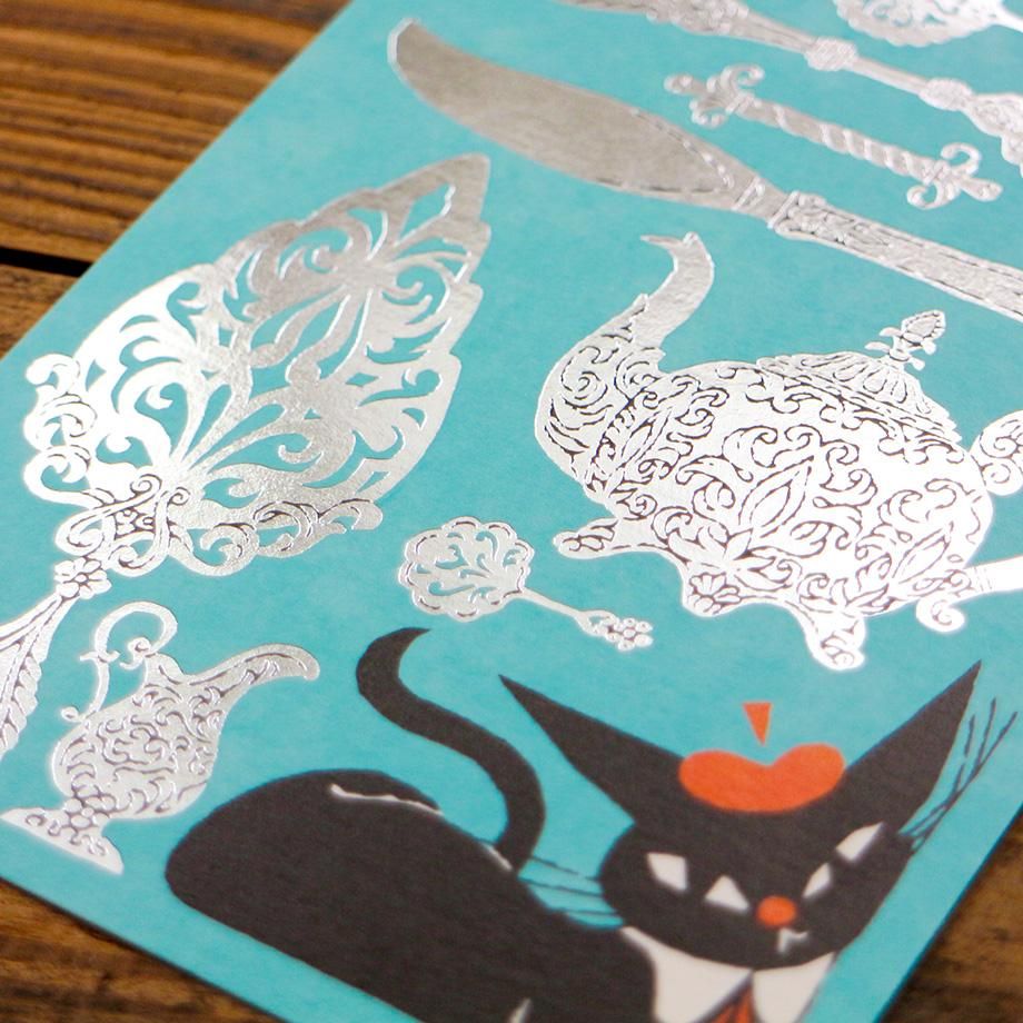 黒ねこ意匠 箔押しポストカード カトラリー