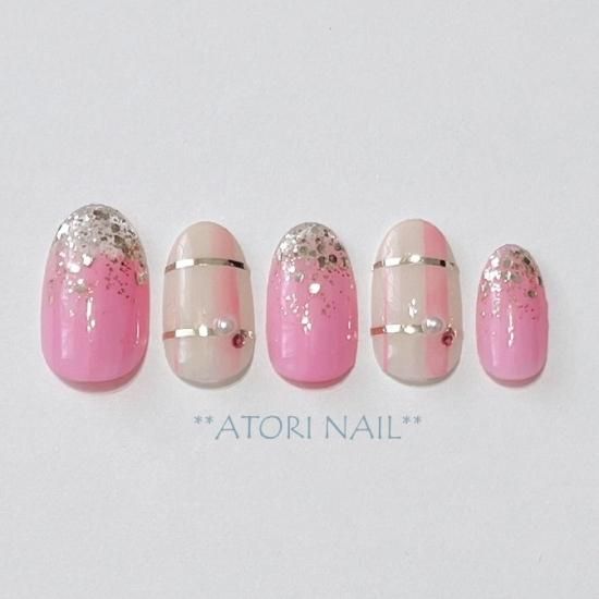 シルバーラメグラ＆チェックネイル-オーダーネイルチップ専門店アトリ