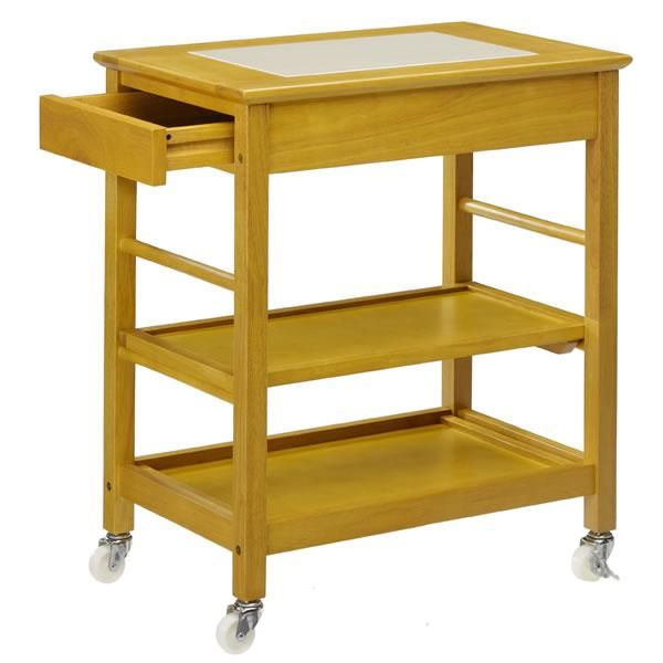 キム 日本製　のだ工芸　無垢パイン材使用　キッチンワゴン　黄色いタイル 木製ダイニングワゴン/天板タイルトップ ライト色 STW-001 (キャスター