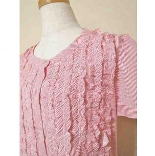 【即納】 限定品 シャツ ブラウス 半袖 ストライプ、フリル半袖ロング・シャツ|チュニック-【レッド】-【サイズ:フリー(S〜M)】 送料無料 tk-a1093