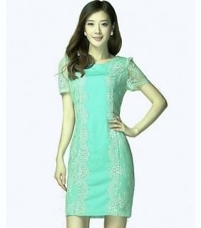 【花梟】ミニドレス【即納】【ブルーグリーン】-【サイズ:L】膝上 ミニワンピース 花レース ホロー パーティドレス無地 送料無料 tk-an0606