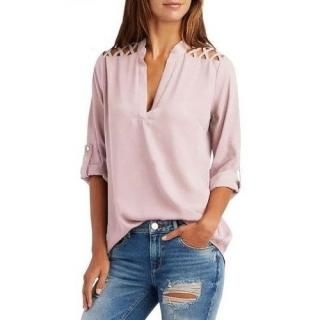 シフォンブラウス 【即納】【パープル 3L(2XL)サイズ】欧米サイズ ロールアップ長袖 夏 秋 春 cc251218 送料無料 tk-cc251218