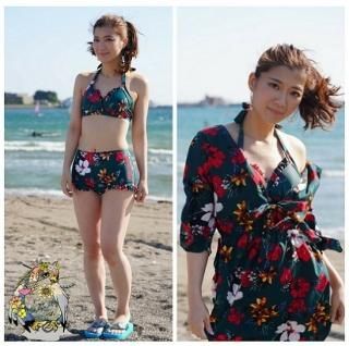 【花梟】ビキニ水着 3点セット【即納】 ブラ+パンツ+シフォンワンピカバー とっても可愛い水着 バストアップ グリーン ハイビスカス花柄 ボタニカル リゾート水着 送料無料 tk-gsw10021