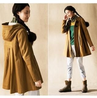 【花梟】ダッフルコート【即納】【ブラウン】【サイズ:M】 フード付き裏ボア飾り トグルボタン飾り Aライン 無地ゆったりアウター 送料無料 tk-in10288