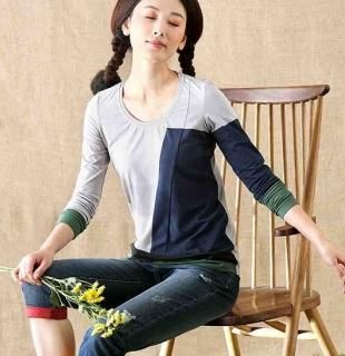 【花梟】長袖Tシャツ【即納】【グレー】【サイズ:L】ラウンドネック カットソー マルチカラー切替 パッチワーク 良質コットン 綿素材使用 クルーネック 送料無料 tk-in6690