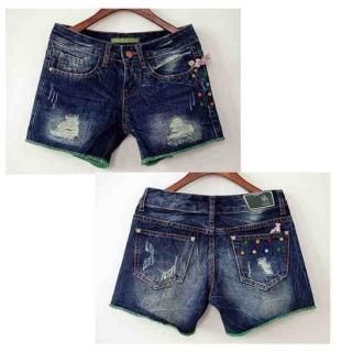 【花梟】ショートパンツ【即納】デニム【ダークブルー】【サイズ:27】 ジーンズ ホットパンツ マルチカラー刺繍入り ダメージストレート コットン 送料無料 tk-jm0671
