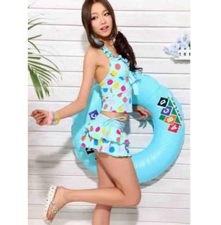 【花梟】タンキニ水着【即納】【ブルー】-【サイズ:L】レトロみず玉 ドット &ミニスカート 3点セット水着 送料無料 tk-n1040