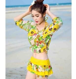 【花梟】セットアップ ビキニ水着【即納】ホルターネック セパレート 花柄プリントアウター付き4点セット【イエロー】【サイズ:LL(XL)】 送料無料 tk-n4845