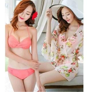 【花梟】セットアップ水着【即納】【ピンク】【サイズ:L】ワイヤービキニ+レトロ薔薇花柄サロペット ビーチカバー セパレーツ 海 旅行 お買得Sale品 送料無料 tk-ns0018