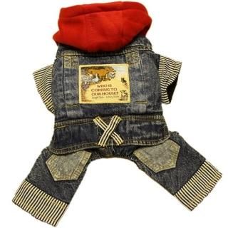 【花梟】四足 ドッグウェア つなぎ【即納】 【Lサイズ・ネイビー×レッド】オーバーオール 厚手 暖かい デニム フード ペットグッズ 犬用品 お買得Sale品 送料無料 tk-pt30692