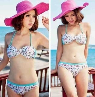 【花梟】ホルターネック セパレート水着【即納】【ホワイト、ライトブルー/サイズ:L】★ レトロ花柄 ビキニ-お買得Sale品 送料無料 tk-py0052