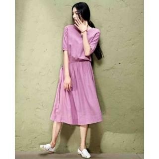 【花梟】半袖ロングワンピース 【即納】【ピンクパープル/LL(XL)サイズ】ブラウジング ローウエスト 五分袖 麻 クルーネック お買得Sale品 送料無料 tk-ss0516