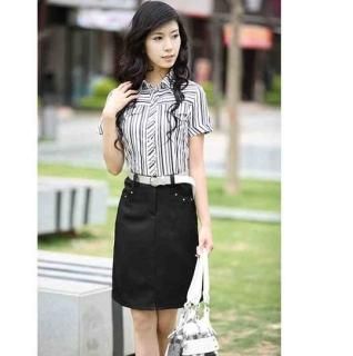 【花梟】アンサンブル風ワンピース【即納】OL 通勤服【ネイビー&ブラックLL(XL)サイズ】ストライプ・シャツブラウス&無地タイトスカート お買得Sale品 送料無料 tk-sy0015