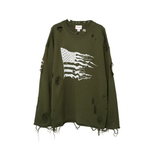 KAMIYA 【カミヤ】 Destroyed Long Sleeve Knit T-shirt KHAKI (G11LT045)