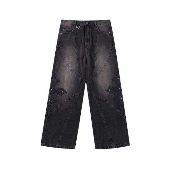 SUPPLIER|ץ饤䡼  Cross Leather Patch Baggy Denim Pants BLACK  (2511-08117-0210002)(0210003)(0210004)