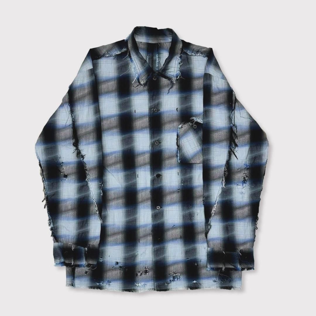 MINUSڥޥʥ Slash Seam Ombre Check Shirt DRUNK BLUE (M-P1-TP3)
