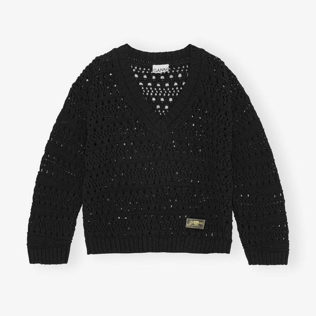 GANNI | ˡ  Black Crochet V-neck Jumper BLACK  (K2543)