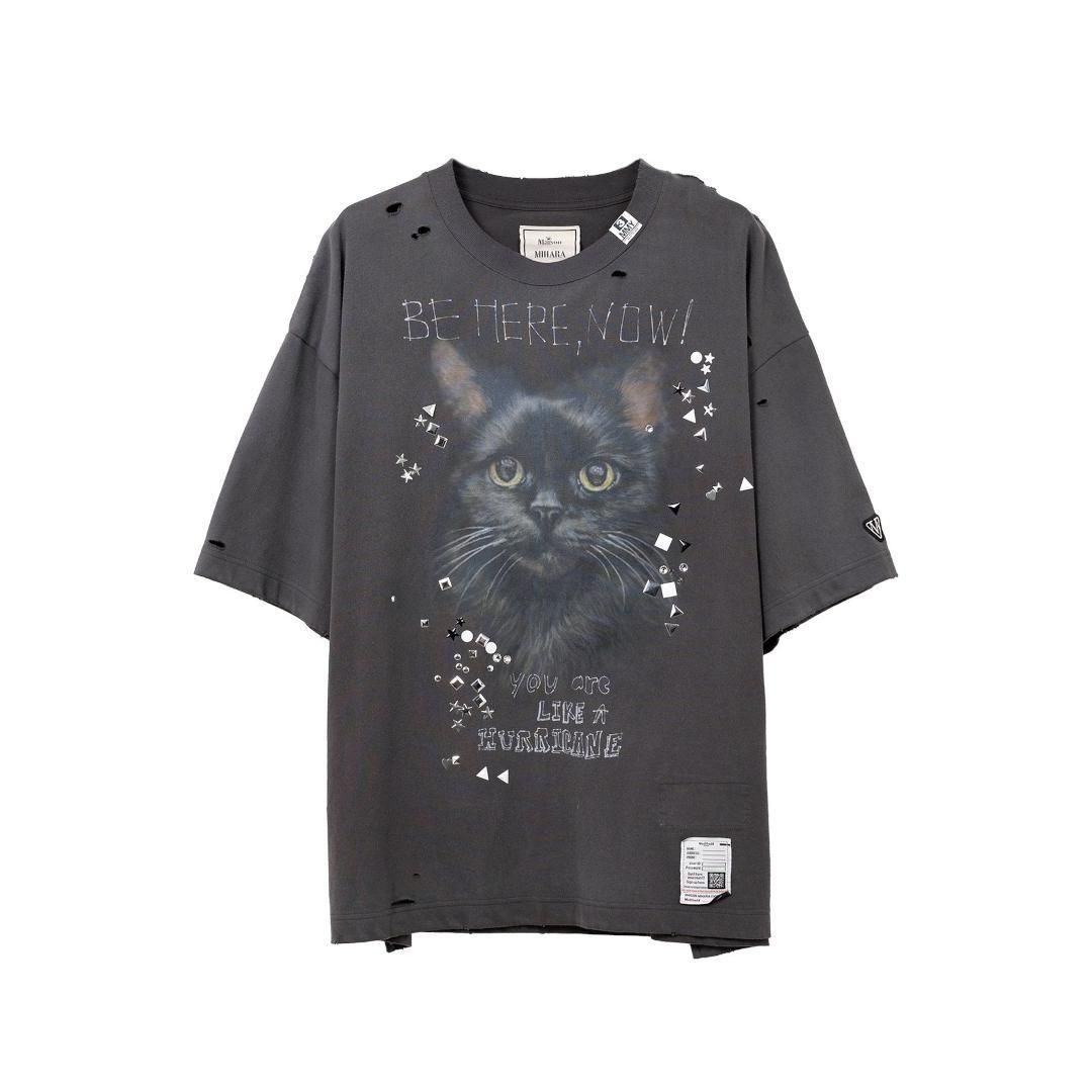 Maison MIHARA YASUHIRO|᥾ߥϥ䥹ҥ Cat Printed Embellished Distressed T-shirt BLACK (J15TS752)