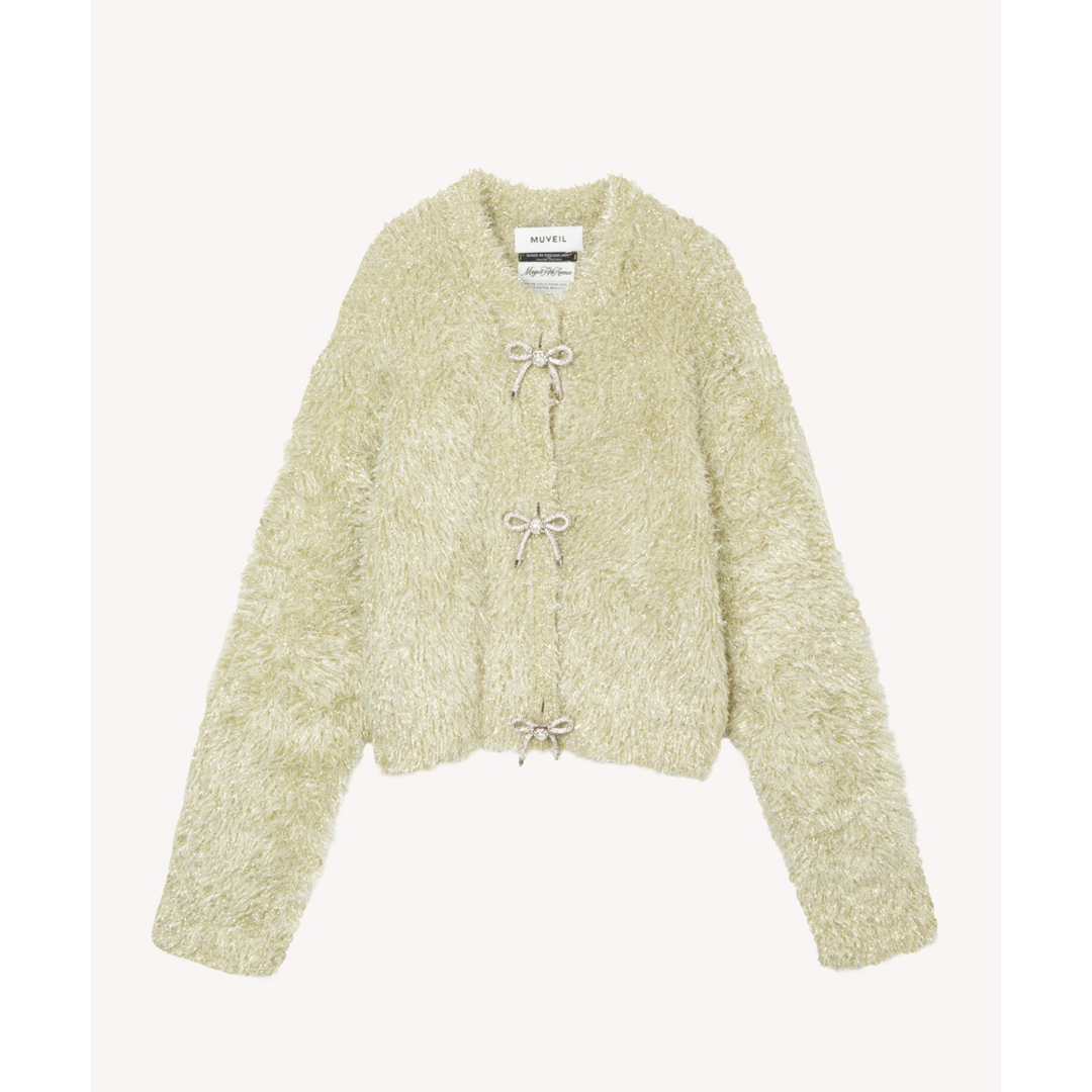 MUVEIL 【ミュベール】リボン釦ラメファーカーディガン ecru