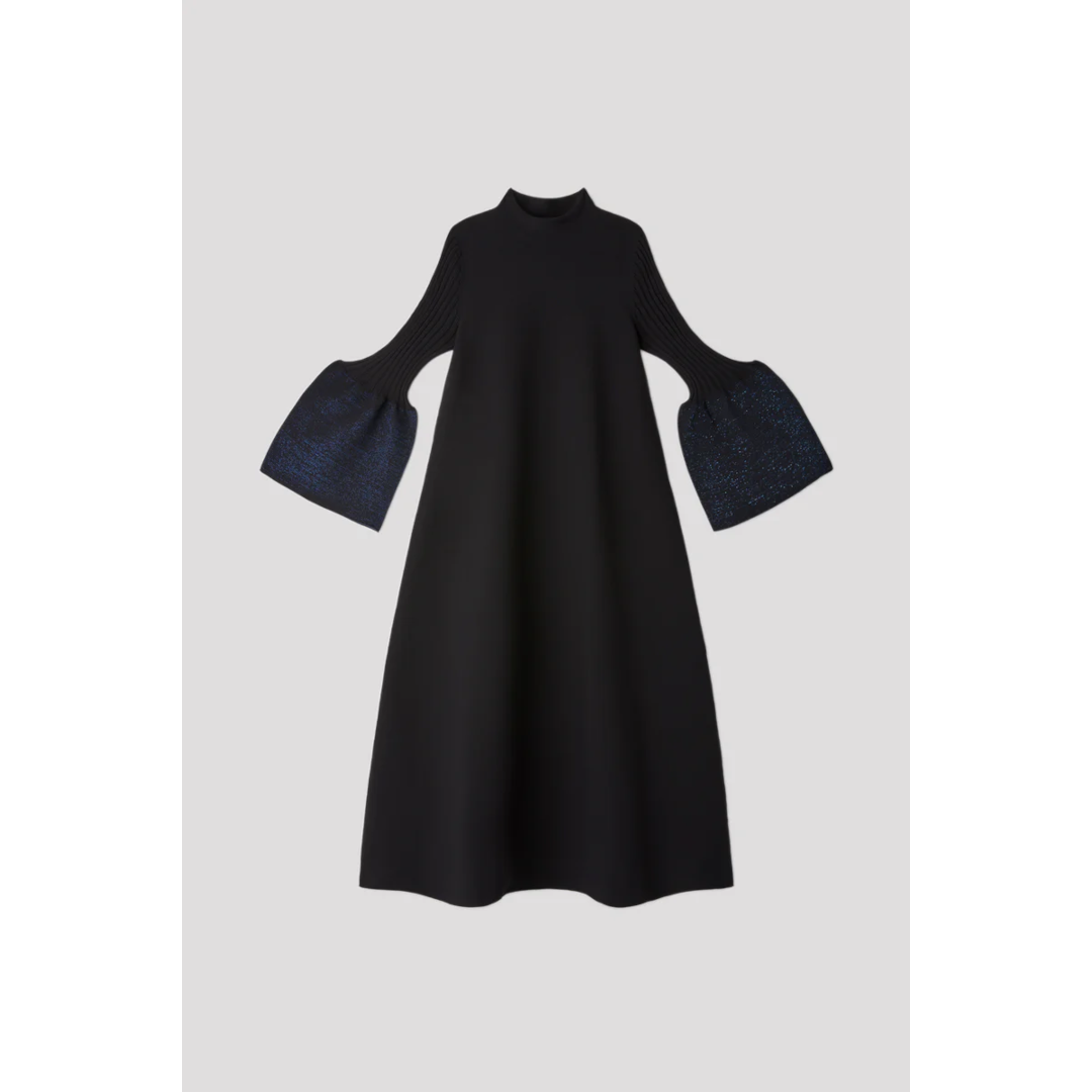 CFCL ڥե POTTERY GLITTER MOCKNECK LONG BELL SLEEVE FLARE DRESS BLACK-BLUE (CF010KH128)