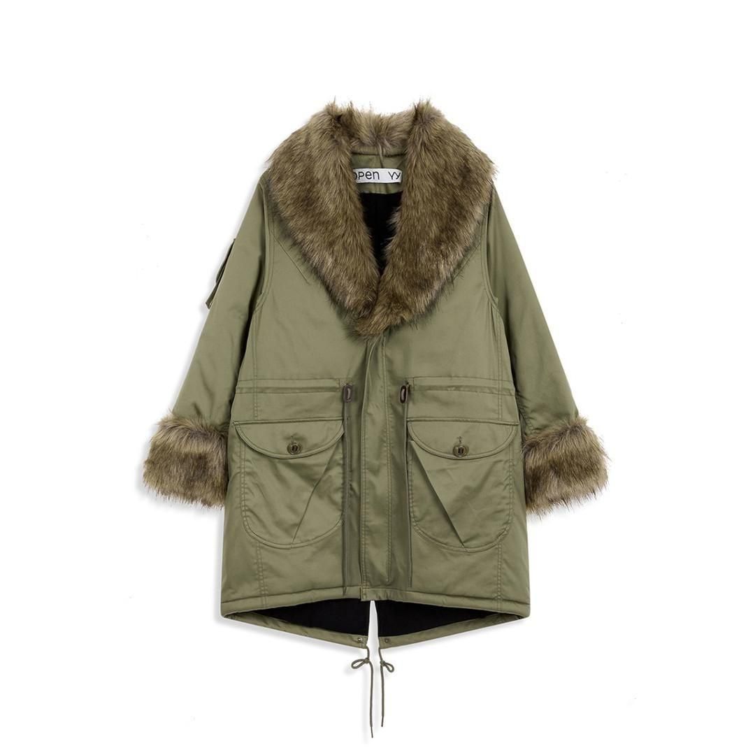 OPEN YY | オープンワイワイ FAUX FUR TRIMMING SAFARI JACKET, KHAKI